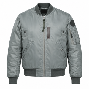 Gray Bomber Jacket Full Sleeve Zipper Closure Stand Collar <b>Quilted</b> Polyester Woven Silk Finished Autumn Winter Men's Outerwear - Product Image 5