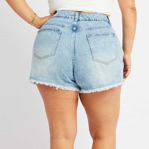 Shorts de Mezclilla de Cintura Alta con Dobladillo Deshilachado, Corte Asimétrico, Estilo Casual de Verano, Jeans Azul Claro para Mujer, Talla Grande - Product Image 4