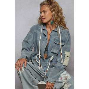 POL Raw Hem Drawstring Zip up Chaqueta de mezclilla con capucha para mujer - Product Image 3