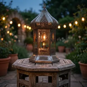 Hexagon <b>Brass</b> <b>Lantern</b> With Intricate Cutouts For Home Decoration Durable Indoor Light Fixture - Product Image 1