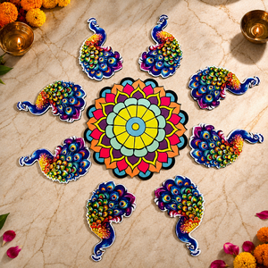 Ensemble de rangolis en bois réutilisables en gros avec motifs d'éléphant et de lotus, art de sol modulaire multi-pièces pour la décoration de Diwali et de mariage - Product Image 3