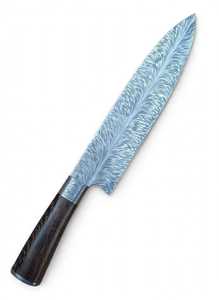 Couteau de chef Santoku en acier Damas à motif plume, fabriqué à la main, style japonais, couteau de cuisine pour trancher, manche en bois de rose - Product Image 6