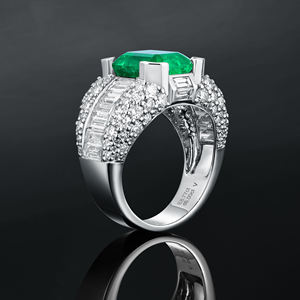 Luxury Women's <b>Cocktail</b> <b>Ring</b> With Emerald Cut Moissanite Pave Diamond Band 18K Solid <b>Gold</b> Prong Setting Geometric Design - Product Image 2