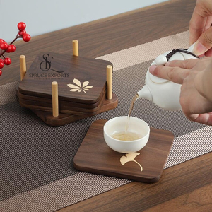 Premium Wooden <b>Coaster</b> <b>Set</b> With Unique Stand. Gold Leaf Inlay Rounded Edges Luxury Rustic Table Decor For Tea & Coffee - Product Image 5