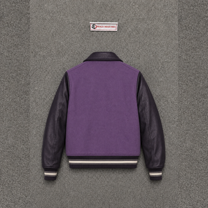 Blouson universitaire PREMIUM violet et noir pour homme, manches en cuir, en laine avec manches et col en cuir PU noir, coupe classique, décontracté, automne - Product Image 6