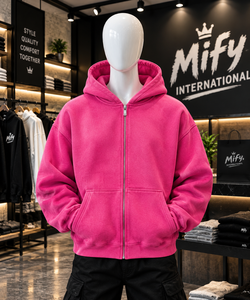 เสื้อฮู้ดซิปสีชมพูร้อนแรงรุ่นใหม่ปี 2026 ทรงโอเวอร์ไซส์ ซิปแบบซิปผ่าหน้า มีกระเป๋าแบบจิงโจ้ สไตล์สตรีทแวร์ - Product Image 1
