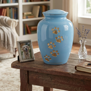 Urne funéraire pour animaux de compagnie bleue avec empreintes de pattes dorées - Toujours en souvenir - Product Image 2