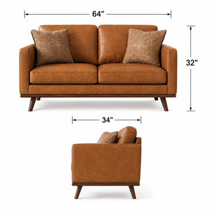 Midcentury Modern Genuine Leather Two Seat <b>Sofa</b> Tight Back Straight Arm <b>Wood</b> Legs Living Room Furniture Leather <b>Sofa</b> - Product Image 2