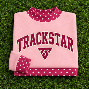 Women's Dusty <b>Pink</b> Mock Neck <b>Sweatshirt</b> with Deep <b>Pink</b> Polka Dot Trim and Varsity Graphic Long Sleeve Casual Pullover Custom - Product Image 6