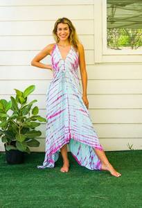 Vestido Maxi Tie Dye de Diseño Novedoso y Moderno, Multicolor con Patrón Sólido, Estilo Lindo, Sin Mangas, de Lino, Cintura Natural, Ideal para Vacaciones - Product Image 3