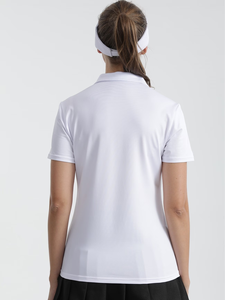 Women's White Embroidered Polo Shirt Short Sleeve Fitted Moisture Wicking Tennis Apparel Turn-down Collar Solid Color Front Logo - Product Image 6
