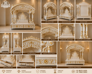 Marble Look Wooden <b>Mandir</b> for Jain Temple Handcrafted White and Gold Teak Wood Pooja <b>Mandir</b> Wooden Pooja Cabinet with Storage uk - Product Image 6