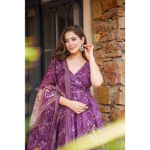 Swank Designer Purple Anarkali Gown with Bottom and Dupatta <b>Modest</b> <b>Sets</b> for Party Wear - Product Image 4