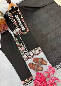 Ensemble Salwar Kameez en coton pour femmes, Kurta brodée florale, pantalon et dupatta, tenue indienne pakistanaise, vêtements décontractés pour les fêtes - Product Image 4
