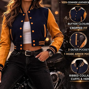 Women's <b>Quilted</b> Crop Varsity Jacket Genuine Leather Sleeve <b>Wool</b> Body Plain Dyed Letterman Wholesale Short Autumn Season - Product Image 6