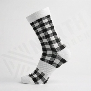 Crew <b>Socks</b> Plaid Pattern <b>Black</b> White Checkered Design Breathable Knitted Regular Style Adult Casual Wear - Product Image 3
