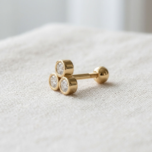 14K Solid <b>Gold</b> Triple Stone Round Brilliant Cut Diamond Bezel <b>Set</b> Stud <b>Earrings</b> for Women - Product Image 2