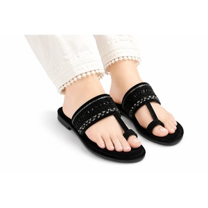 Women's Kolhapuri Chappals Black T-Strap <b>Slides</b> Rhinestone Decoration Open Toe Velvet Upper Leather Outsole Summer Fashion - Product Image 2