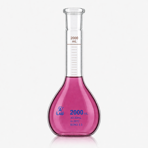 Frasco Volumétrico de 2000 ml con Tapón de PE, Certificado DIN ISO, Alta Precisión, Vidrio Borosilicato, Equipo de Laboratorio - Product Image 1