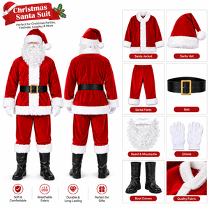 Traje Festivo de Santa Claus para Navidad, Completo con Abrigo de Terciopelo Rojo, Pantalones, Gorro de Santa Claus, Cinturón, Barba, Guantes y Cubrecalzados para las Fiestas - Product Image 2