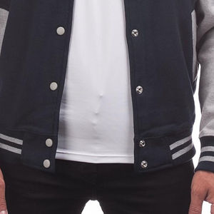 Custom <b>Grey</b> Navy Blue Varsity <b>Jacket</b> Snap Button Striped Rib Knit Trim Unisex Street Wear Team Letterman Outerwear <b>Jacket</b> Pro - Product Image 5