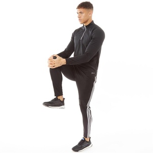 Chemise décontractée sportive pour homme à manches longues, col montant, quart de zip, couleur unie, séchage rapide, coupe ajustée, noire, tricotée - Product Image 2