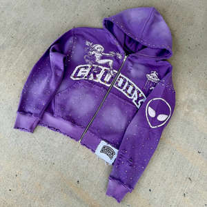 Chaqueta de streetwear para hombre 2026 personalizada con lavado ácido, felpa francesa, impresión DTG y serigrafía, con pedrería, estilo vintage y cremallera, con capucha. - Product Image 5