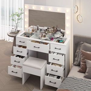 Large Lighted 12 LED <b>Mirror</b> <b>Makeup</b> Vanity Desk Set with 9 Drawers Glass Top Dressing Vanity Table with Power Outlet - Product Image 4