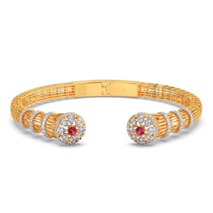 Twin Floral Crown Diamond <b>Bracelet</b> with Yellow Gold Ribbed Band and <b>Red</b> Stone Open End Design - Product Image 1