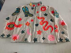 <b>Velvet</b> Suzani Short Cotton Knitted Heated Winter Varsity <b>Jacket</b> Rich Texture Intricate Embroidery Stripe Pattern Eco-Friendly - Product Image 4