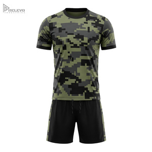 Custom Sublimation Soccer Uniform Set <b>Mens</b> Football Jersey and <b>Shorts</b> Olive Green Digital Camo Team Match Kit - Product Image 1