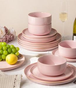 Ensemble d'assiettes et de bols en céramique rose poudré, finition brillante, design rond élégant, empilables, vaisselle durable pour une table moderne - Product Image 4