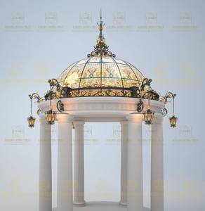 Classic Round Garden Pavilion With Stained Glass Dome Cast Iron <b>Frame</b> White Weather Resistant Outdoor Structure - Product Image 1