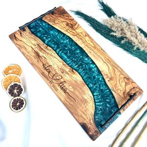 Rectangular Wooden <b>Storage</b> <b>Tray</b> With Blue Resin River Design Varnished Finish Modern Tableware For Table Use Single Tier - Product Image 2