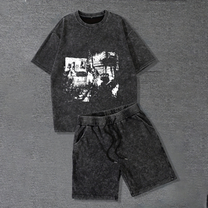 Ensemble T-shirt et short pour homme ELEGANT CORPORATION, col rond noir, imprimé, décontracté, été, polyester/coton, respirant, tissage non tissé - Product Image 2