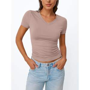 FOXA 2025 verano básico cuello en V Slim Fit Crop camiseta para mujeres con mangas cortas estilo Y2K - Product Image 2