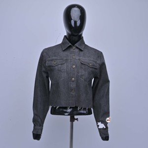 Chaqueta vaquera corta de alta calidad para mujer, color liso, cuello vuelto, manga larga, dobladillo deshilachado, abrigo informal de otoño a la moda - Product Image 1