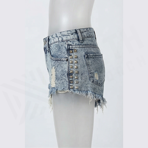 High Waist Distressed <b>Denim</b> Shorts With Rivet Decoration Punk Style Summer Wear Cotton <b>Material</b> Slim Fit Frayed Hem - Product Image 3