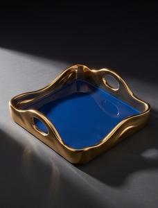 Handcrafted Square Blue Enamel Serving <b>Tray</b> <b>Gold</b> Wavy Rim Cutout Handles Decorative <b>Coffee</b> <b>Table</b> Vanity Perfume Catchall Platter - Product Image 4