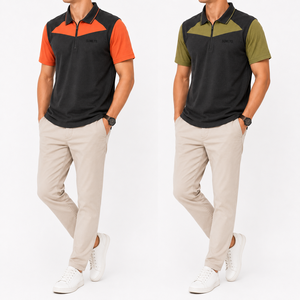 Camiseta Premium de Punto Piqué para Hombre, Diseño de Corte en Contraste, Logotipo Bordado, Cuello con Media Cremallera, Manga Corta, Estilo Elegante - Product Image 5