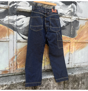Jean en denim rayé à taille haute et coupe droite pour homme, décontracté, en coton mi-lourd, coupe régulière, bleu et blanc à fines rayures, tissé, automne - Product Image 6
