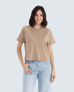 Camiseta Corta de Cuello Redondo para Mujer, Color Beige, Corte Holgado, Color Sólido, Informal, 100% Algodón Jersey, para Todas las Temporadas - Product Image 4