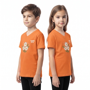 Bulk Kids Unisex <b>Orange</b> Flower Print Sublimation V Neck <b>T</b> <b>Shirt</b> Floral Graphic Boys Girls Leisure Tops Custom Apparel Supplier - Product Image 4