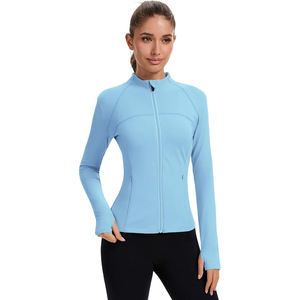 Women's Light Blue Full Sleeve Zipper Ribbed Yoga <b>Jacket</b> Fitted Breathable Seamless Spandex Polyester Athletic Outerwear - Product Image 4