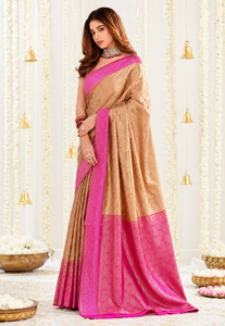 Sari en soie rose beige AARA Fashion avec bordure brodée, protection solaire, tenue de mariage indienne traditionnelle pour femmes, toutes saisons - Product Image 5