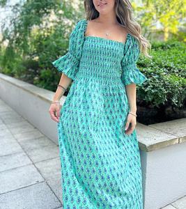 Pure Cotton Maxi <b>Dress</b> Indian Block Print Casual Summer Elegant Comfy Daywear Breathable Embroidered Long Woven - Product Image 4