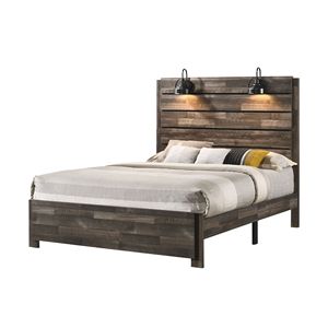 Letto matrimoniale in legno stile rustico con finitura effetto legno anticato marrone e lampada, mobili per camera da letto - Product Image 1