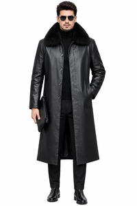 <b>Men's</b> <b>Black</b> Genuine Leather <b>Long</b> Overcoat with Turn-down Collar Single Breasted Knee Length Quick Dry Breathable <b>Coat</b> - Product Image 2