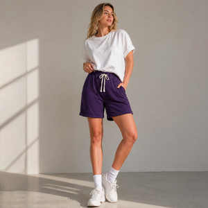 Shorts en tricot pour femmes, couleur violette, avec cordon de serrage à la taille, poches, coupe ample, style décontracté, taille mi-haute, tissu en coton respirant - Product Image 1