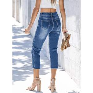 2025 2025, pantalones vaqueros Capri de moda para mujer, pierna recta de cintura alta con dobladillo crudo, azul cielo, talla 12 - Product Image 3